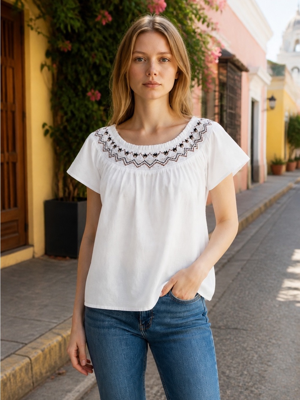 138 Old Navy White Embroidered Short-Sleeve Peasant Blouse